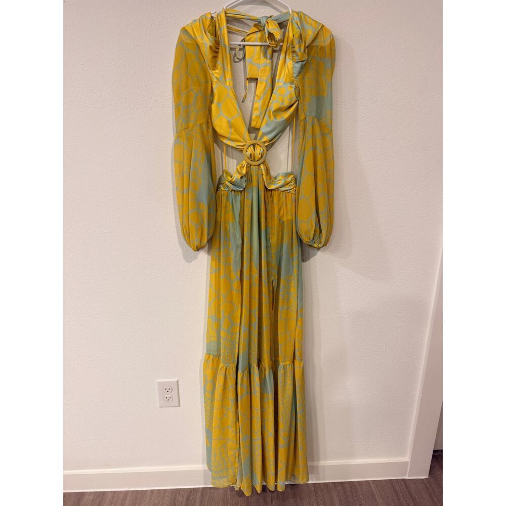 Rhythm Boutique Cutout Plunge Maxi Dress Small Yellow Boho Resort High Slit - Picture 2 of 12